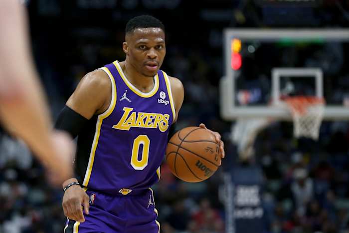 Los Angeles Lakers guard Russell Westbrook (0) in the first quarter against the New Orleans Pelicans at the Smoothie King Center.